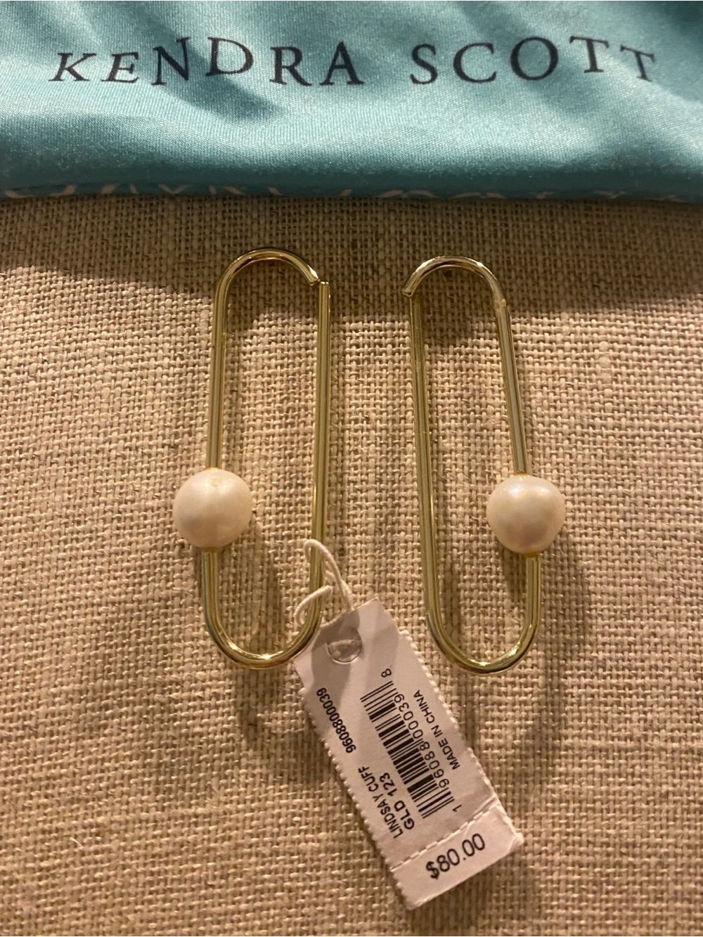 Kendra Scott Gold Paperclip Drop Earrings with Cream Pearl